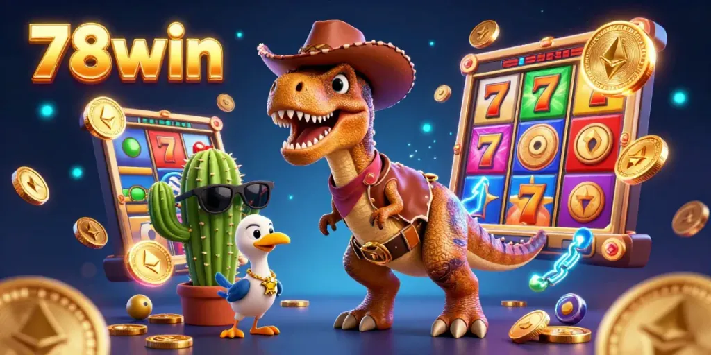Engage with 78win's thrilling slot games featuring a cartoon dinosaur, cactus, and roadrunner surrounded by coins.