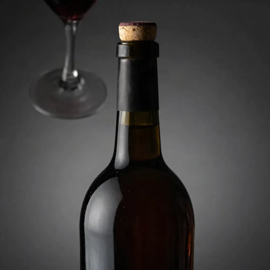 Bottiglia di Amarone senza etichetta sospesa su fondo grafite con luce bordeaux