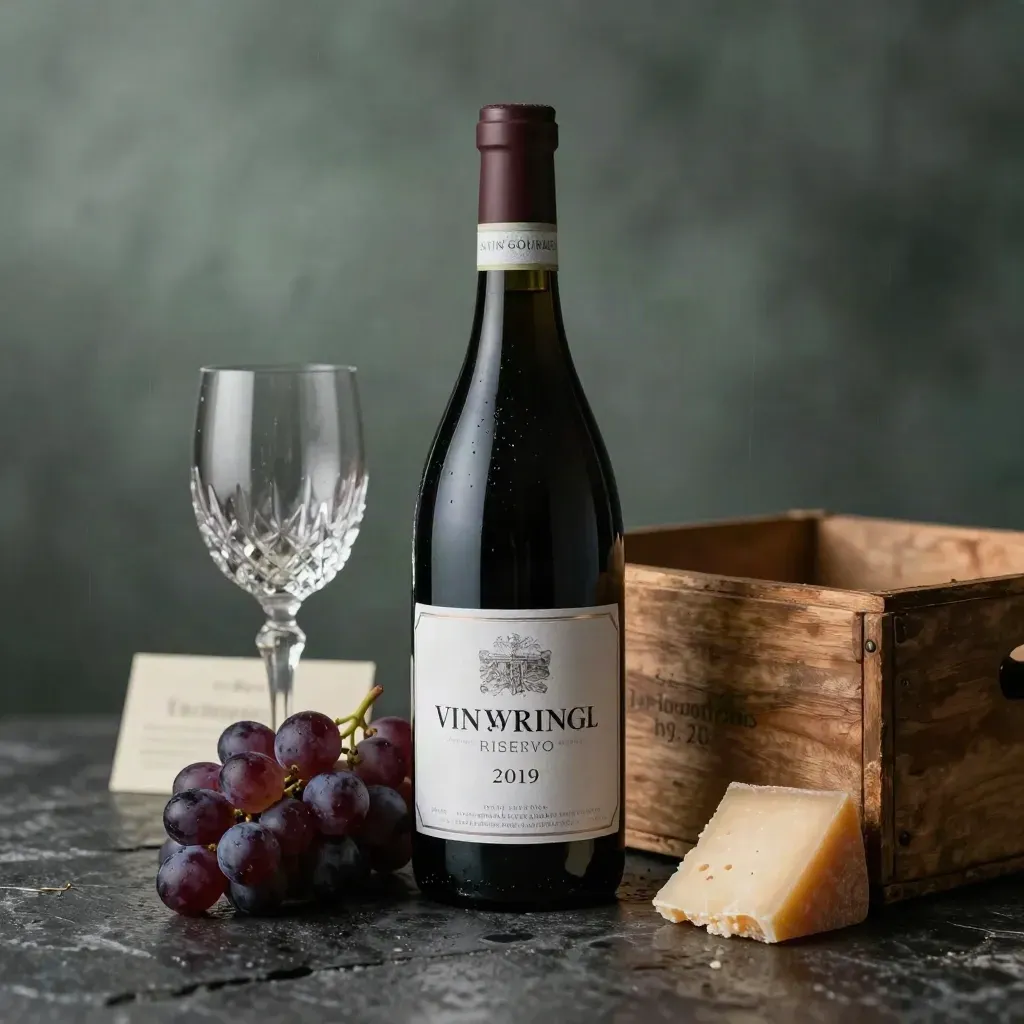 Bottiglia di Barolo senza etichetta con uva nebbiolo, calice e cassa di legno su fondo scuro.