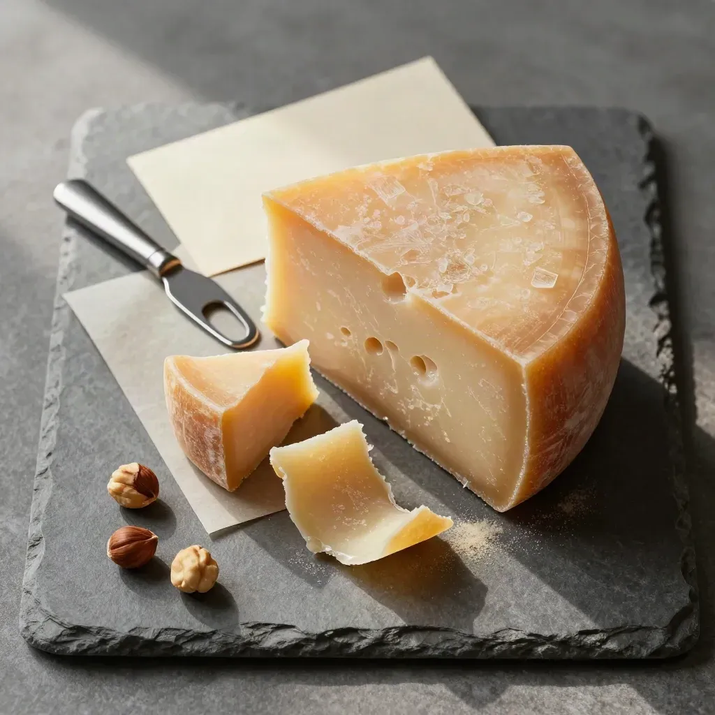 Flat lay di Parmigiano a scaglie con coltello, pergamena e nocciole su pietra