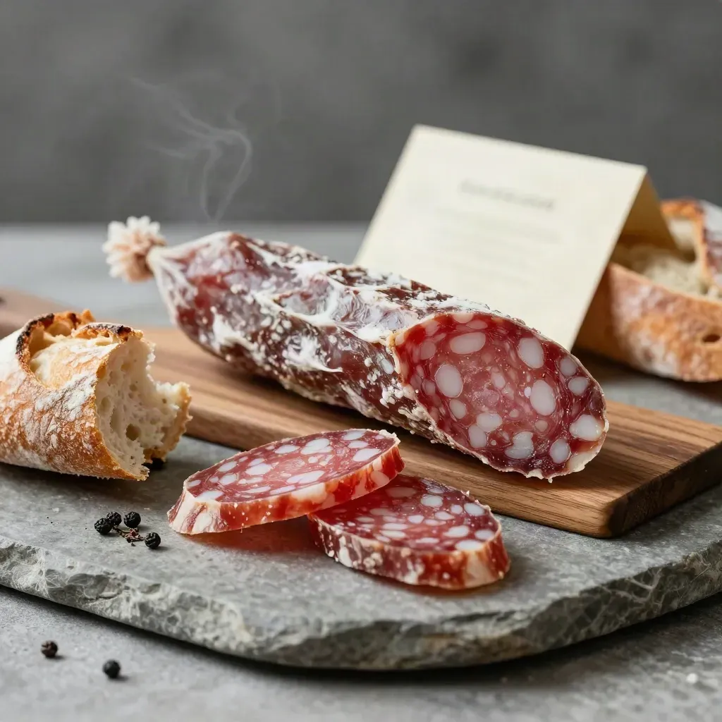 Salame Toscano artigianale con pane rustico e pepe nero su lastra di pietra