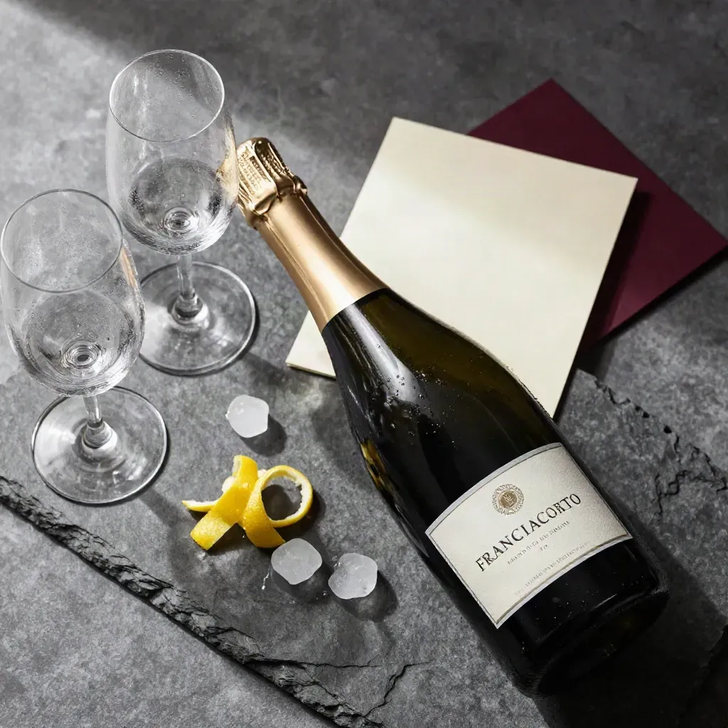 bottiglia di Franciacorta, due flute e scorza di limone su pietra chiara