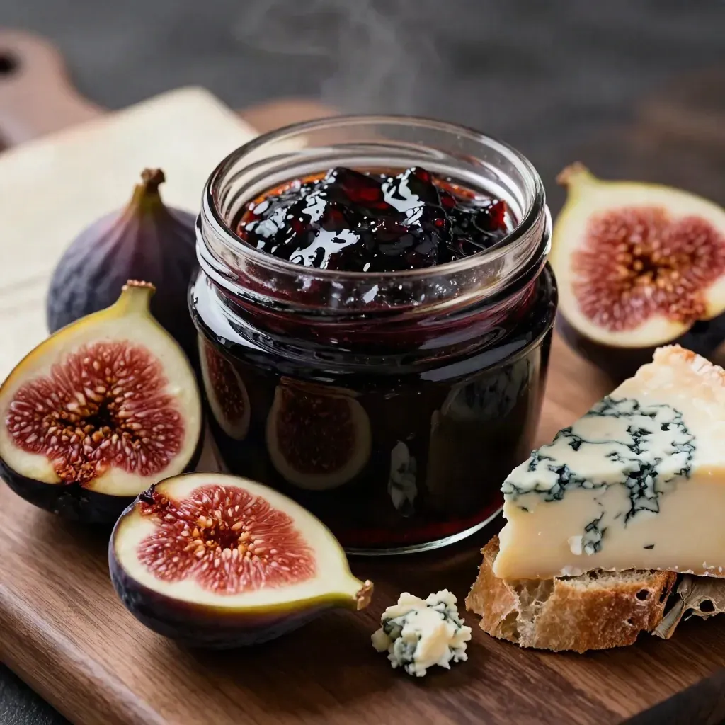 Vasetto di confettura di fichi neri con pane croccante, formaggio erborinato e foglie secche.
