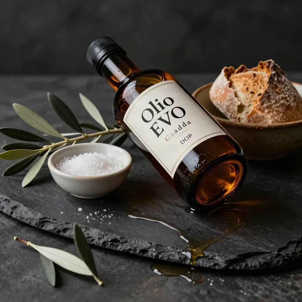Bottiglia di olio EVO con ulivo, sale grosso e pane su ardesia scura