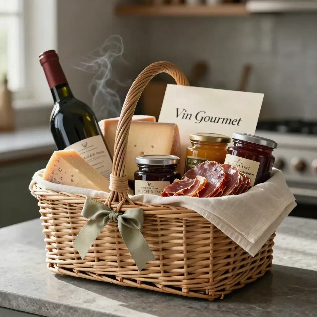 Cesto regalo gourmet in vimini con vino, formaggi, salumi e confetture su banco di pietra