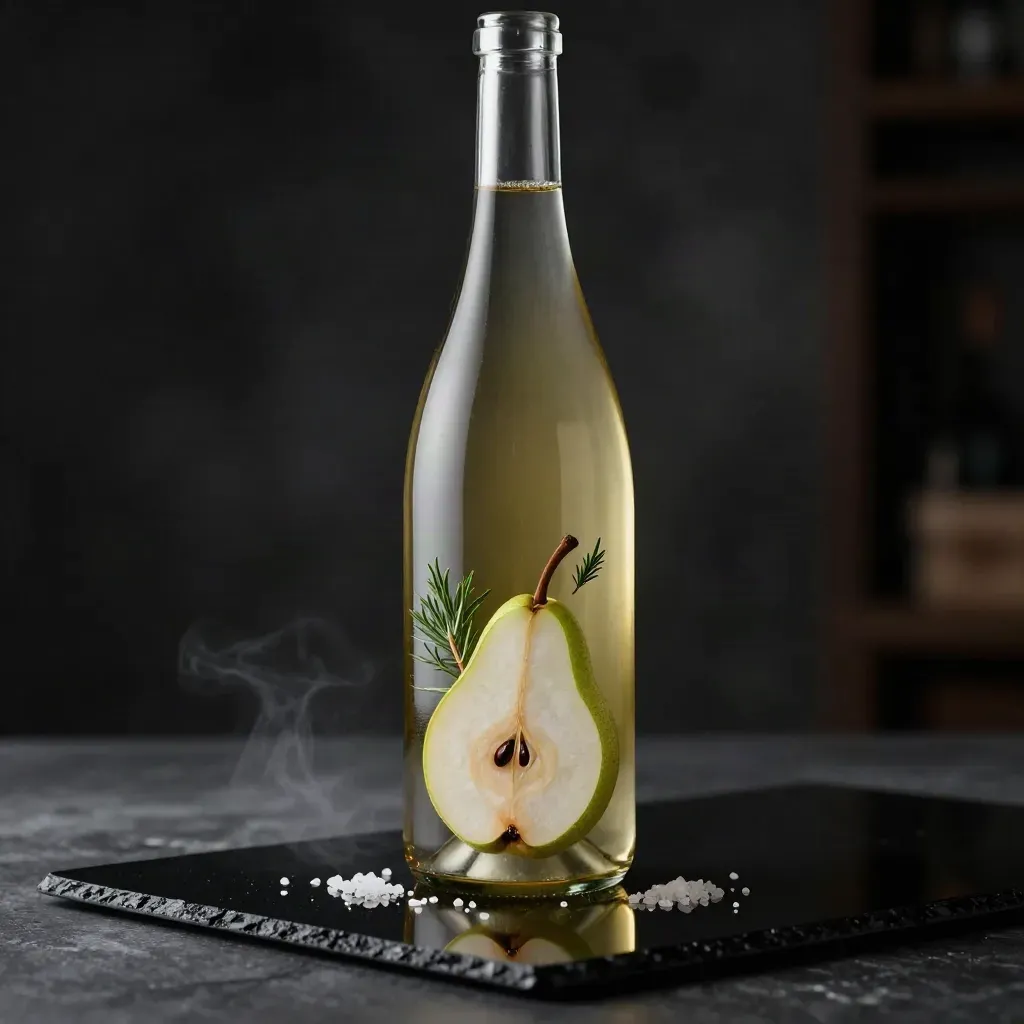 Bottiglia di Sauvignon su sfondo scuro con pera verde, erbe alpine e riflessi dorati.