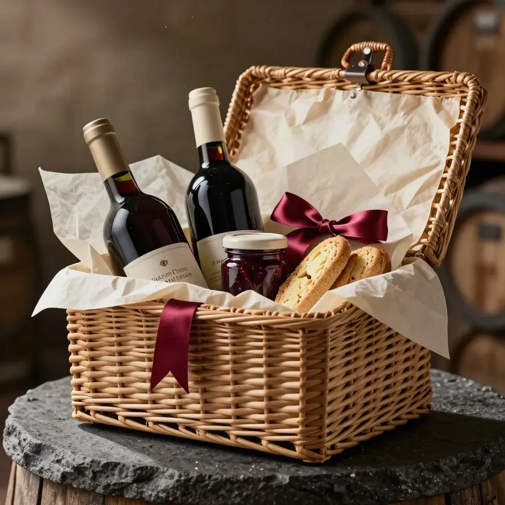Cesto regalo aziendale con bottiglie di vino, conserve e biscotti su base scura.