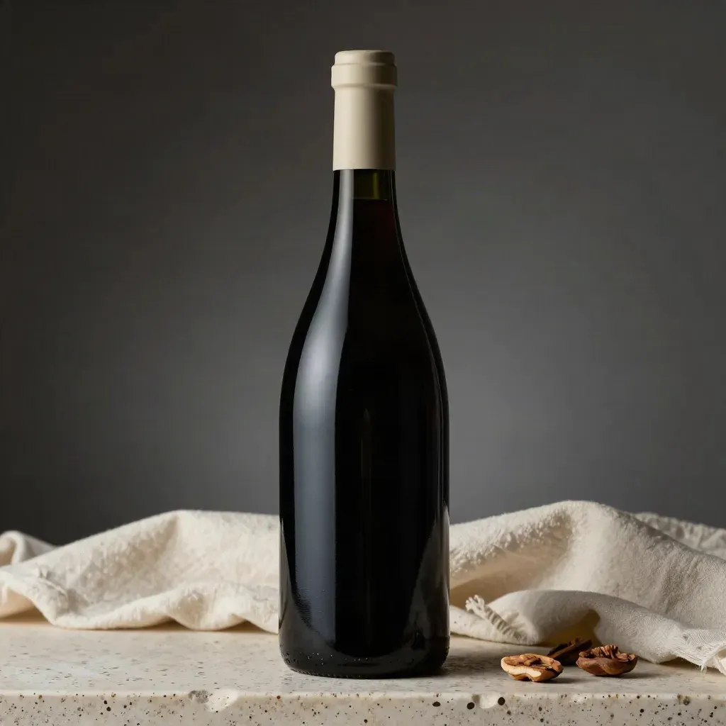 Primo piano di bottiglia di Nebbiolo Langhe scura su travertino con riflesso bordeaux.