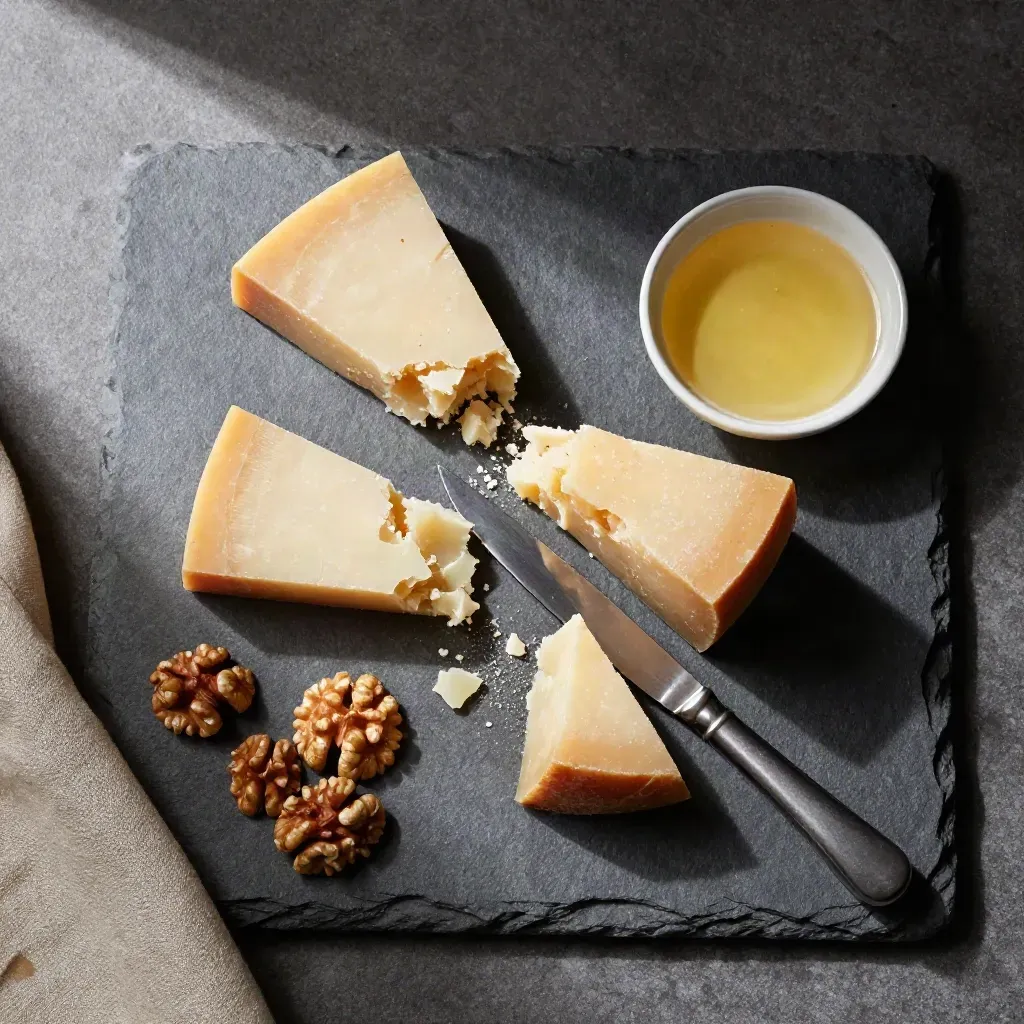 Pecorino a spicchi con coltello, miele chiaro e noci su pietra, vista dall’alto.