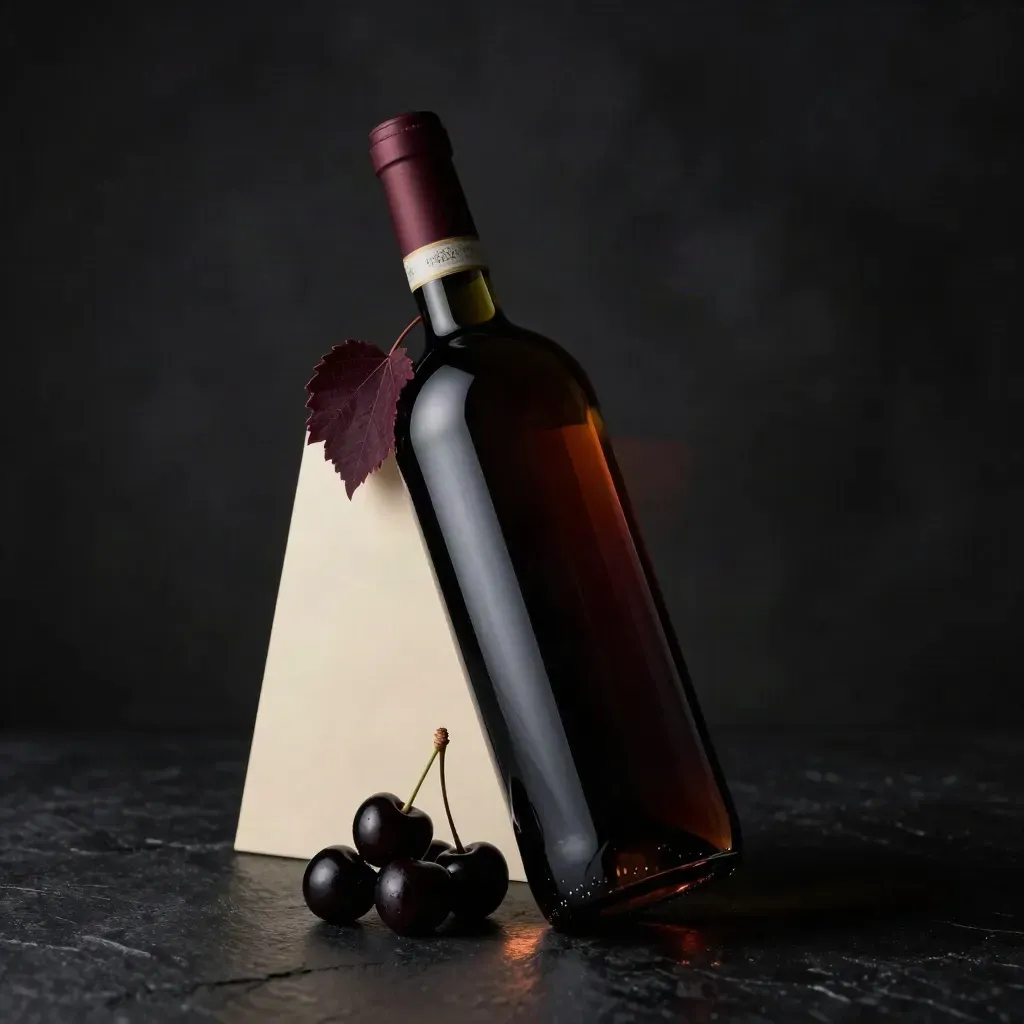 Bottiglia di Chianti Classico con ciliegie nere e foglia di vite in luce drammatica.