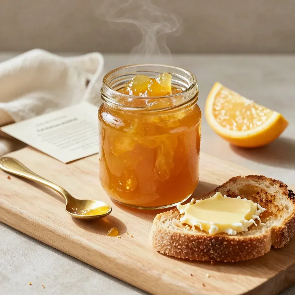 Barattolo di marmellata all’arancia amara con toast, burro e fettina d’agrumi su tavola chiara