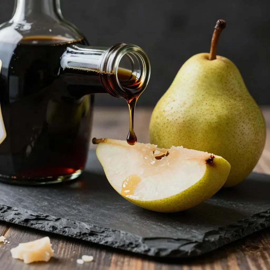 Bottiglia di aceto balsamico scuro con pera matura e scaglie di parmigiano su pietra.