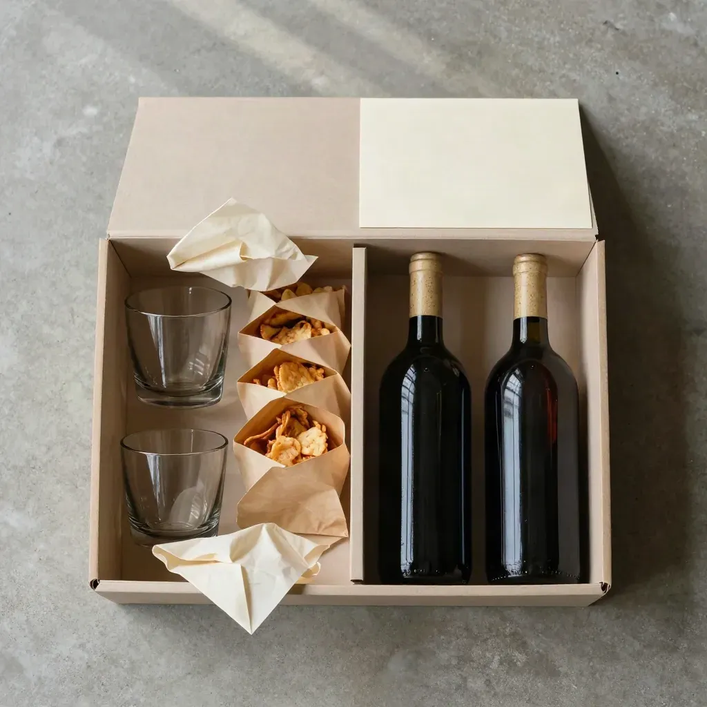 Flatlay dall’alto di box degustazione per coppia con due bottiglie, snack e bicchieri bassi