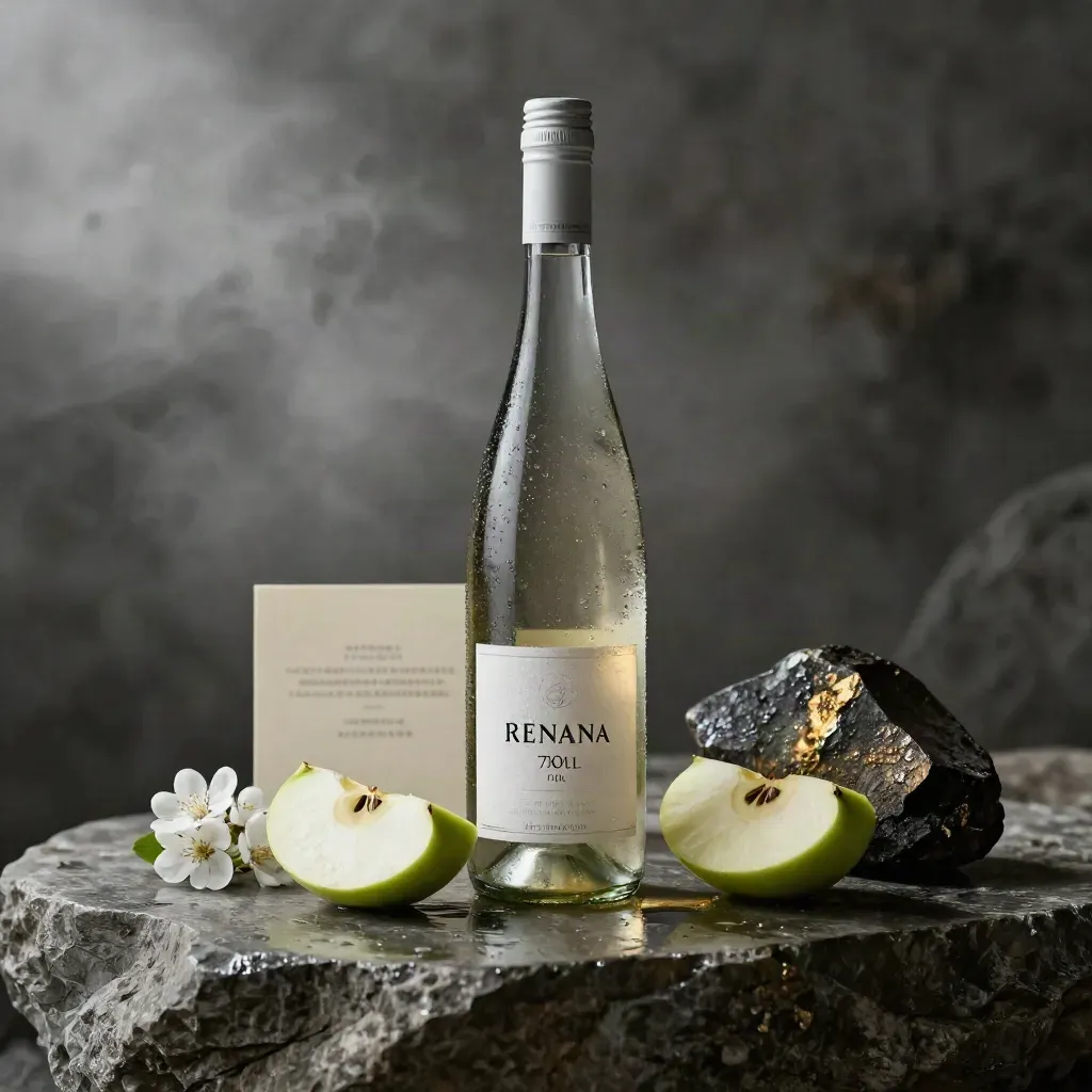 Bottiglia di Riesling con mele verdi, fiori bianchi e pietra bagnata, atmosfera fresca.