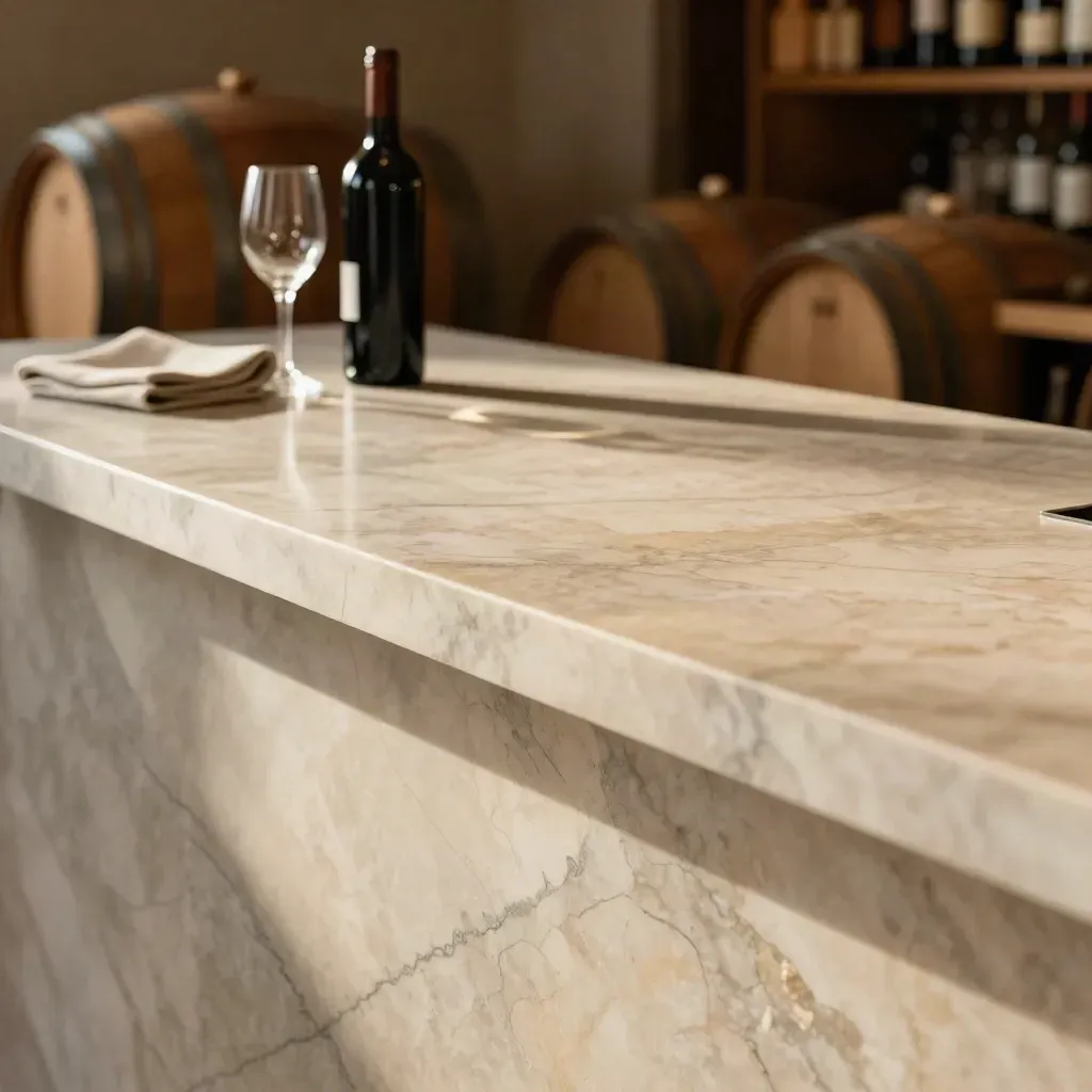 Piano in marmo caldo con botti sfocate e calici lontani in un’enoteca luminosa