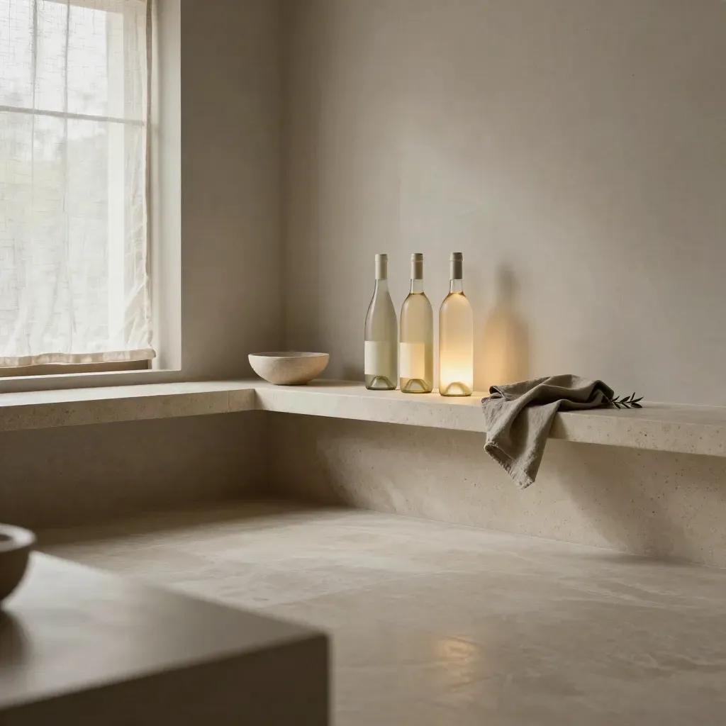 Cucina in pietra chiara con bottiglie di vino bianco controluce e finestra velata.