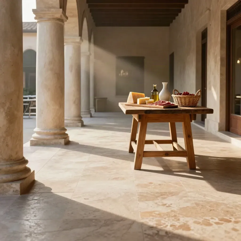 Portico in travertino con taglieri di formaggi e salumi, luce calda e ombre lunghe.